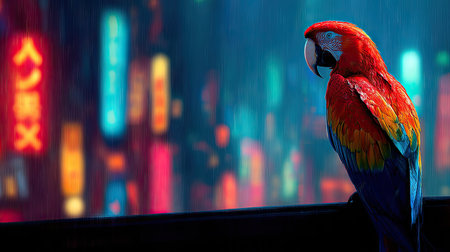 A colorful parrot is the main subject, set against a backdrop of blurred neon lights. The composition highlights the bird's detailed plumage with red, blue, and yellow hues. The scene presents a contrast of natural and artificial elements, possibly usable in design or editorial projects.の素材