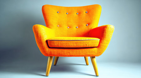 An eye-level shot captures an orange armchair against a neutral backdrop. The chair, with its curved form and buttoned back, showcases a retro style. The studio lighting highlights the texture of the fabric. It could be used for illustrating interior design, home decor, or advertising furniture products.の素材