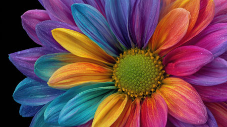 A close-up showcases a rainbow-colored chrysanthemum blossom, displaying a spectrum of hues in its petals. The composition highlights detailed textures and a central core. The image, set against a dark backdrop, is ideal for projects seeking vivid imagery for a variety of creative uses, including artistic, design, or decorative applications.の素材