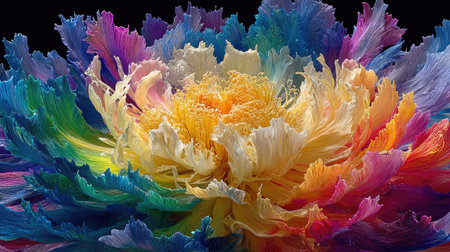 A close-up view presents a brightly colored flower in full bloom, showcasing an array of rainbow hues. The image highlights textured petals with a digitally enhanced appearance. This striking composition, rendered against a black background, is well-suited for diverse design applications and creative projects.の素材