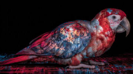 A digitally enhanced illustration depicts a colorful parrot perched against a dark backdrop. The bird features a combination of red, blue, and white hues. The composition showcases detailed textures and a dramatic lighting. Suitable for artistic purposes, this image could be employed in various design applications.の素材