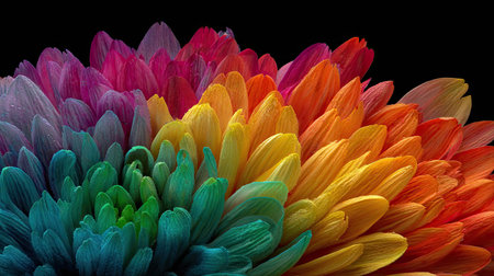 A close-up view presents a colorful chrysanthemum blossom, showcasing a spectrum of hues. The petals display a gradient of colors from greens to reds, set against a dark backdrop. This photographic image highlights textures and gradients, suitable for various editorial and commercial applications. The composition is visually appealing.の素材