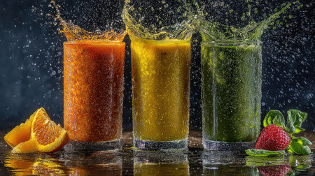 Three glasses showcase colorful juice splashes, with orange, yellow, and green hues. The composition features dynamic water droplets, suggesting freshness and movement. Ingredients like oranges and strawberries are visible. This image may be suitable for food-related marketing, health publications, or editorial content.の素材