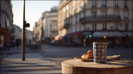 A coffee cup and croissants sit atop a wooden table, with a blurred city street in the background. The image presents a shallow depth of field, with soft sunlight casting long shadows. Ideal for content related to cafes, breakfast, or lifestyle topics. The style evokes a classic, inviting ambiance suitable for commercial use.の素材