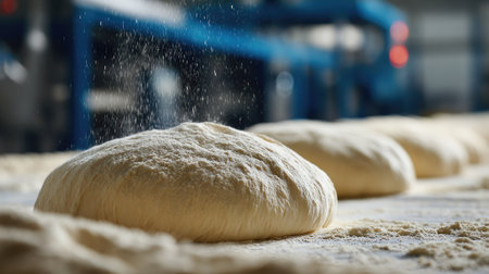 Close-up shot features dough loaves on a production line, dusted with flour. The scene showcases a bakery interior with soft lighting. The image captures the texture of the dough, with a shallow depth of field. It can be used in commercial projects related to food processing and culinary arts.の素材