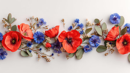 An overhead view presents a floral arrangement featuring red poppies and blue cornflowers. The composition incorporates various green leaves and small white flowers set against a plain white backdrop. The image's clean lines and natural lighting suggest potential use in advertising or decorative contexts.の素材