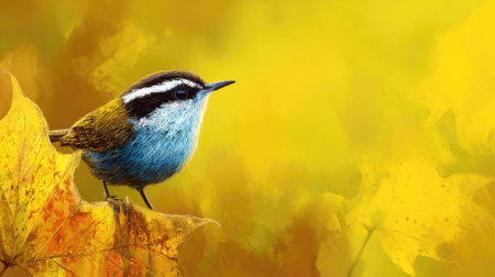 A small bird with blue and brown plumage is perched on a yellow leaf. The image showcases vibrant colors and a soft, artistic style. The composition suggests an autumnal scene, with a blurred yellow backdrop. This image may be suitable for various commercial projects related to nature or seasonal themes.の素材