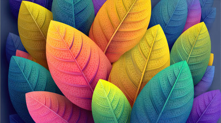 This image showcases a collection of stylized leaves, each displaying a spectrum of vivid colors. The composition features an array of layered elements, with a smooth gradient effect, and a design that is visually striking. Suitable for various creative projects, this image lends itself well to both commercial and editorial applications.の素材