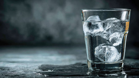 A glass filled with water and ice cubes is presented against a dark, blurred background. The image showcases clear water and ice, with contrasting light and shadow. The composition suggests a refreshing drink, possibly for commercial use in the beverage or food industries.の素材