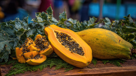 This image showcases fresh papaya fruits, some sliced open, revealing seeds and flesh, arranged with green leaves. The composition features vibrant orange and yellow hues, with a close-up perspective. It may be suitable for illustrating healthy eating, tropical themes, or culinary content. The image could be used for various commercial or editorial purposes.の素材