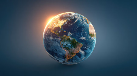 A detailed image showcases planet Earth floating in space, illuminated by golden sunlight. The composition features a blue and brown globe, highlighting continents and oceans. The overall style is realistic with soft lighting, suggesting an outer space environment. Suitable for conceptual illustrations, educational materials, and various commercial projects.の素材