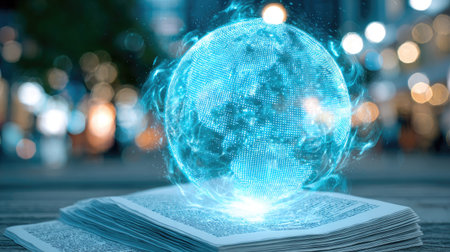 An illuminated digital globe floats above an open book, creating a futuristic composition. The image features a bright blue color palette with glowing effects, emphasizing the technological aspect. The soft focus background suggests an outdoor setting, possibly day or night. This image may be suitable for educational or conceptual purposes.の素材