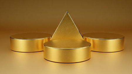 This image presents a symmetrical arrangement of golden geometric shapes. Three circular platforms support a central triangular form, all rendered in a lustrous, gold color. The composition suggests a studio setting with soft lighting and a minimalist aesthetic. Suitable for commercial or artistic applications involving product promotion.の素材