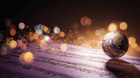 A detailed representation of a globe rests on a musical score, illuminated by a warm, golden light. Bokeh lights create a soft, blurred background, enhancing the image. The composition suggests a connection between music and the world. Suitable for visual concepts and creative projects.の素材