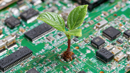 A close-up captures a small green plant emerging from an intricate circuit board, showcasing technology and nature. The composition features a shallow depth of field, emphasizing the plant's vibrant green against the board's green and black components. This image could be used for illustrating innovation, environmentalism, or technological advancement.の素材