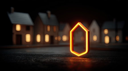 A luminous abstract form stands prominently before a blurred backdrop of quaint houses. The composition features warm, inviting tones contrasting with a dark setting. This conceptual artwork could be used for illustrations related to real estate, security, or energy. The image showcases creative design.の素材