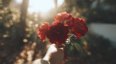 A hand holds a bouquet of vibrant red roses against a soft, blurred background. The image showcases natural lighting and a warm color palette, creating a romantic or artistic atmosphere. Suitable for use in various projects including advertising, website content, and editorial applications.の素材