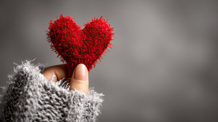 A hand in a gray knitted sleeve holds a fluffy red heart against a blurred gray backdrop. The image utilizes soft lighting and shallow depth of field, emphasizing the heart. This composition can be used to represent concepts such as love, care, or relationships in various commercial and editorial projects.の素材