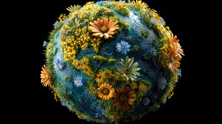 An artistic rendering presents planet Earth covered in a rich assortment of colorful flowers. The composition showcases a globe-shaped object, emphasizing a harmonious blend of natural elements. The image uses bright colors and a soft lighting against a dark background, suitable for diverse editorial or commercial applications.の素材