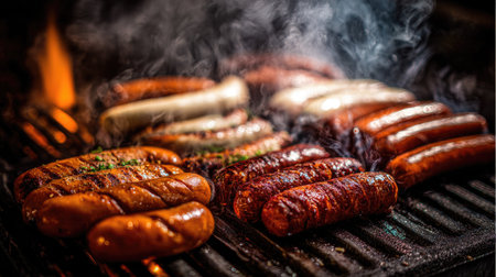 An overhead close-up shows numerous sausages grilling. Their surfaces display char marks from heat. The image is composed with focus on the food, textures and colors. This image is suitable for culinary websites, food blogs and advertising materials related to cooking and barbecue.の素材