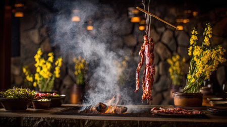 A close-up captures grilled meat suspended above a fire, surrounded by smoke and various food items. The scene is illuminated with warm lighting, suggesting an indoor setting. Yellow flowers add color to the ambiance. This image could be used for culinary projects or editorial content.の素材