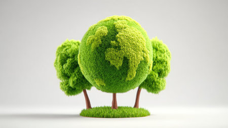 An image showcases a stylized representation of planet Earth as a spherical structure, integrated with three trees, all rendered in shades of green. The composition highlights a soft texture with implied grass. It's set against a clean, light backdrop, suggesting a studio environment, potentially for illustrating eco-friendly themes for commercial projects.の素材