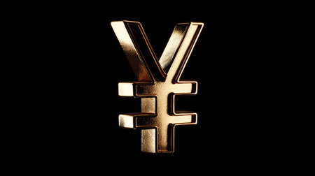 A close-up view presents a gold-colored Yen currency symbol against a solid black backdrop. The symbol is rendered with a metallic texture, suggesting a three-dimensional effect. The lighting creates highlights and shadows, emphasizing the form. Suitable for commercial projects involving finance, investment, or international trade.の素材