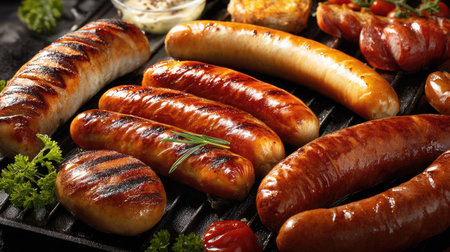 This close-up image presents an assortment of cooked sausages alongside other food elements. The sausages display grill marks, suggesting a cooking process. The arrangement is illuminated with warm lighting, emphasizing the textures and colors of the food. Suitable for culinary, food-related publications or advertising materials.の素材
