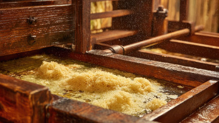 Close up depicts an antique wooden press, likely used in historical processes. The image showcases the machinery's construction, featuring textured wood, liquid, and granules. The scene is illuminated by diffused lighting, giving a sense of depth and a focus on the materials. Suitable for illustrative or educational applications.の素材