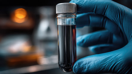 A close-up shot features a gloved hand holding a small glass vial containing dark liquid. The composition highlights the textures of the vial and the glove. The blurred background suggests a laboratory environment. Suitable for scientific, medical, and research-oriented commercial use.の素材