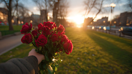 A hand presents a bouquet of vibrant red roses, set against a background of soft green grass and a blurred cityscape. Warm sunlight bathes the scene, highlighting the textures of the petals and leaves. This image evokes feelings of romance, suitable for various editorial and promotional projects.の素材