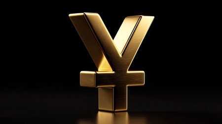 A close-up view displays a golden Yen symbol centered on a dark surface. The symbol's metallic texture reflects light creating highlights. The composition features a shallow depth of field, emphasizing the symbol's form. This image could be suitable for content about finance, economics, or currency in various commercial contexts.の素材