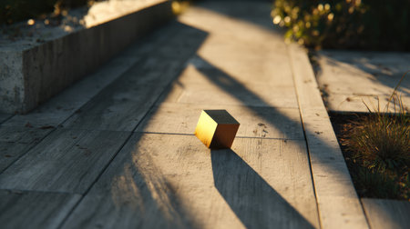 A golden cube sits on a weathered concrete surface, casting a long, sharp shadow. The image displays a strong contrast between the cube and the surrounding environment. The composition highlights the geometric shape. This visual element could be used for various commercial or editorial purposes.の素材