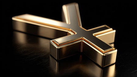 A close-up shot features a golden cross against a dark, reflective surface. The cross exhibits a metallic texture and strong light reflections, suggesting a studio setting. The composition highlights the symbol's geometric form, suitable for various religious or conceptual projects. Ideal for illustrating faith, spirituality, or related themes.の素材