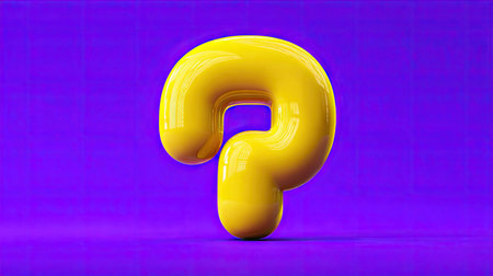 A vibrant yellow question mark is centrally positioned against a rich purple backdrop. The rendering displays glossy, smooth textures and bright lighting, suggesting a studio environment. The imagery is suitable for various applications, including website design, advertising, and educational materials. This design conveys clarity and curiosity.の素材
