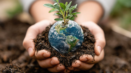 A close-up captures hands cradling a small Earth globe nestled in soil with a growing plant. The image displays a shallow depth of field, natural lighting, and a soft focus. It evokes themes of environmental care, conservation, and sustainability. Suitable for use in editorial content and various commercial applications.の素材