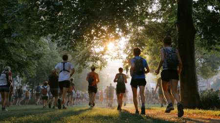 Numerous individuals are captured in motion, jogging through a green, open space with abundant foliage. The composition showcases runners from a rear perspective. Warm sunlight filters through the trees, casting a bright glow. This imagery could be employed for health, fitness, or outdoor lifestyle related projects.の素材