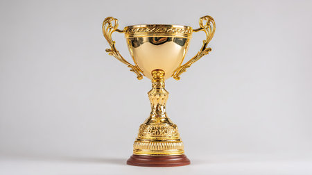 A gold trophy cup stands prominently against a plain white background, symbolizing achievement and reward. The ornate design features a gleaming metallic finish, with elegant handles. The lighting is bright and even, highlighting the cup's form and details. This image is suitable for commercial and editorial use, representing concepts of victory.の素材