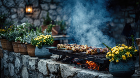 A close-up view depicts grilled meat cooking on a barbecue. Smoke rises, adding texture to the scene. Yellow flowers in pots adorn a stone wall. The composition uses natural light and a shallow depth of field, hinting at an outdoor gathering. Suitable for culinary, lifestyle, or editorial purposes.の素材