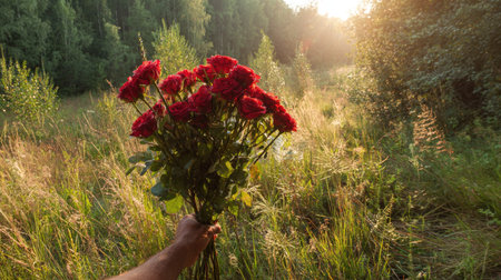 A hand holds a bouquet of red roses against a blurred natural backdrop. The image features warm tones and highlights from the sunset, suggesting an outdoor environment. This composition could be used for various commercial projects related to nature, flowers, or celebrations.の素材