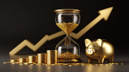 A golden piggy bank sits beside an hourglass and stacks of coins, against an upward trending arrow. The composition uses a dark background with focused lighting. The scene suggests concepts of finance, investment, and time management. It is suitable for commercial uses related to wealth and financial planning.の素材