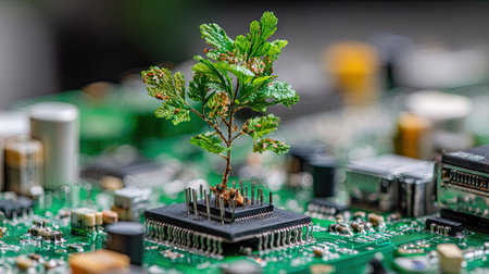 A small green plant grows from a computer circuit board, representing the intersection of technology and nature. The composition features sharp focus on the plant, with a blurred background. The overall style suggests environmental concepts and could be used for illustrating topics related to technology or ecology.の素材