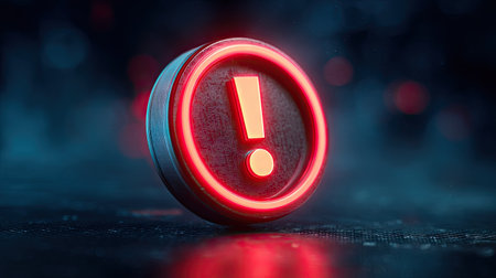 A three-dimensional exclamation mark symbol glows red against a blurred, dark background. The circular design features a neon-like border, creating a visually striking effect. The composition uses a low-angle perspective, with soft lighting and bokeh elements, hinting at a digital or futuristic environment. Suitable for a variety of commercial and editorial uses.の素材