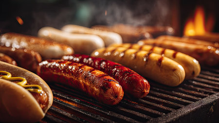 Close-up view of various grilled sausages and hot dogs arranged on a barbecue grill, showcasing a range of textures and colors. The scene features shallow depth of field, with the focus on the food and the grill. Warm lighting suggests an outdoor setting, suitable for commercial projects related to food and cooking.の素材