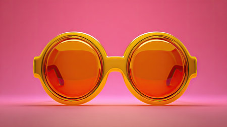 A pair of gold-colored sunglasses rests against a vibrant pink backdrop. The design features a rounded frame with orange lenses, showcasing a modern, minimalist style. The lighting highlights the glossy texture of the glasses. Suitable for advertising, editorial, or design projects, offering copy space and visual interest.の素材