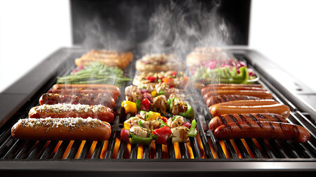An overhead view presents a variety of cooked foods sizzling on a barbecue grill. The image showcases an assortment of sausages, vegetables, and other grilled items. Wisps of smoke rise from the grill. Suitable for editorial and commercial use, this image could be used for promoting food-related topics.の素材
