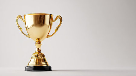 A golden trophy cup stands isolated against a plain white backdrop. The detailed cup features a pedestal base and two handles, reflecting studio lighting. This image could be used for illustrations related to success, awards, or recognition in various commercial or editorial projects.の素材