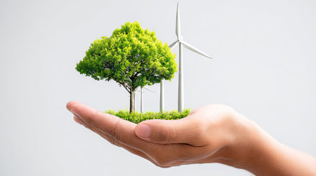 A hand cradles a miniature tree and a wind turbine, symbolizing environmental sustainability. The image features vibrant green and white hues, with soft lighting and a clean composition. It suggests concepts of growth, ecology, and eco-friendliness, suitable for various promotional or illustrative applications.の素材