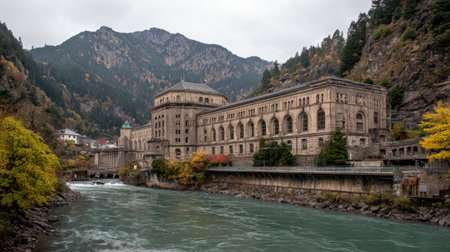 A large, stone power plant stands beside a flowing river, framed by a mountainous landscape under an overcast sky. The image features a wide composition, with the architectural details of the building highlighted. This image may be suitable for illustrating topics related to industry, energy, or historical architecture.の素材