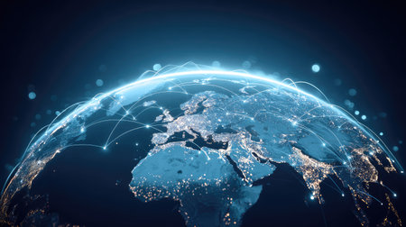 This image presents a conceptual depiction of global network connections. The visual showcases a stylized Earth, overlaid with glowing lines and points. The color palette emphasizes blues and whites, with an ethereal lighting effect. Suitable for illustrating ideas related to technology, communication, or international relations, it is versatile for various commercial applications.の素材